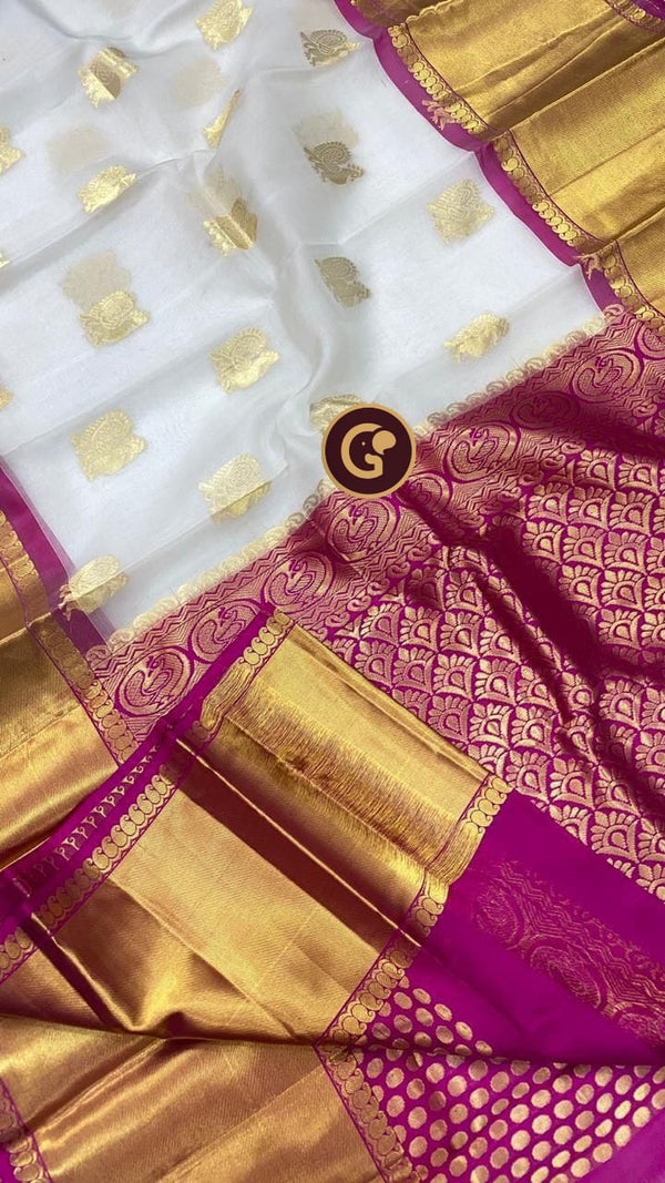 Halfwhite Soft silk saree with Temple border followed by rich pallu Code:  A0817SS152814 Cost: 9200 inr Wha… | Silk saree blouse designs, Fancy sarees,  Saree designs