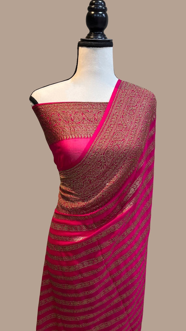 Green, mustard and rani pink Kanchipuram silk saree with floral stripes -  #SareeEnvy - Aavaranaa