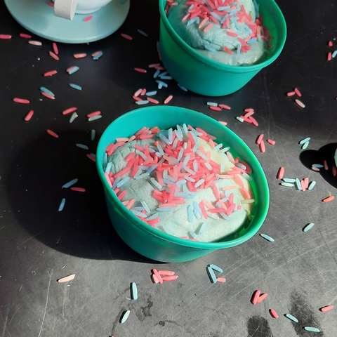 A peppermint scented playdough cupcake and sensory rice for sprinkles