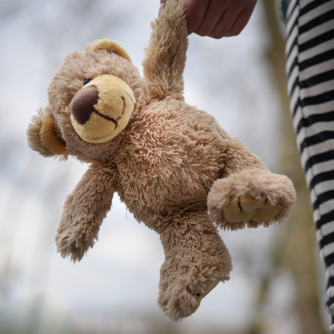 A teddy bear being carried along in a child's hand after they finished their bear hunt