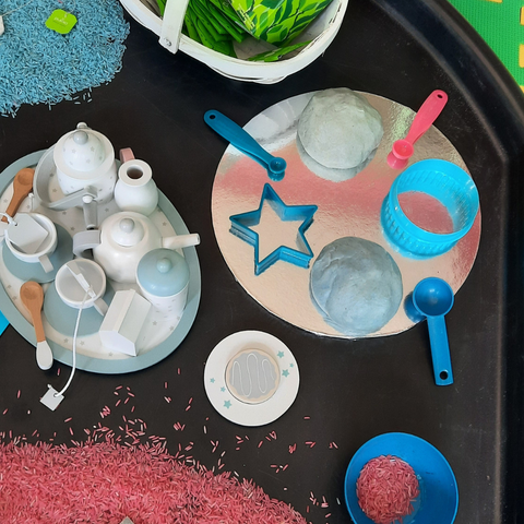 Messy Makes tea party class with sensory rice and scented playdough
