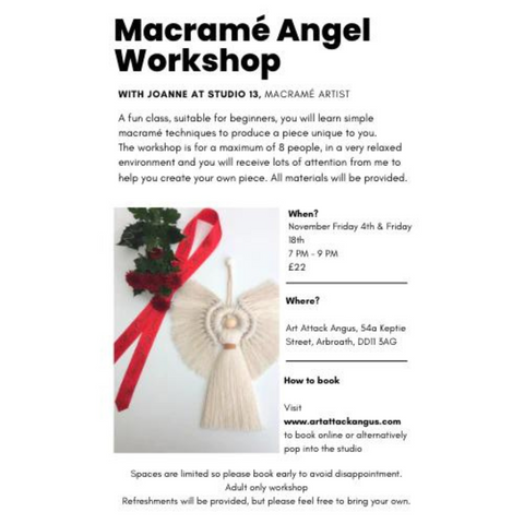 Macrame Angel workshop happening at Art Attack Angus in November 2022