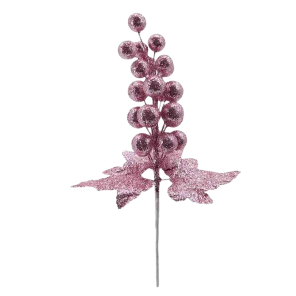 Christmas Sparkle Glittered Grape Stem Pick 28cm - Pink  | TJ Hughes