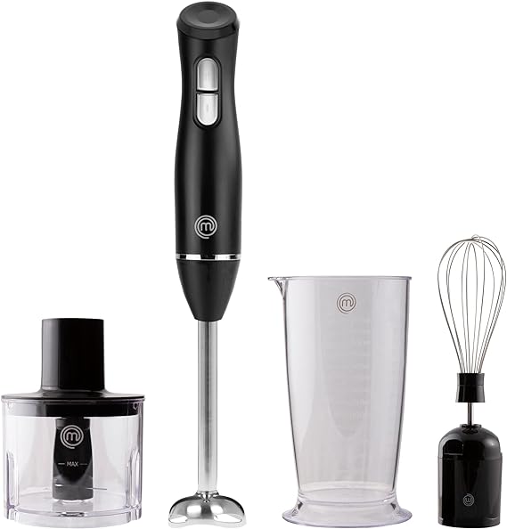 MasterChef Hand Blender 4 in 1 Set including Blending Stick, Electric Whisk & Mini Chopper Multi Food Processor Combo with Measuring Jug, Plastic, 200 W, 700 milliliters, Black