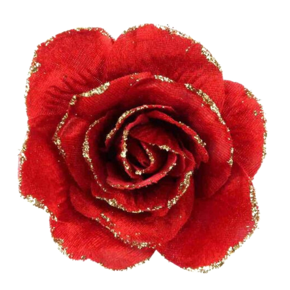 Christmas Sparkle Rose Clip Decoration on Pick Small 12cm - Red  | TJ Hughes