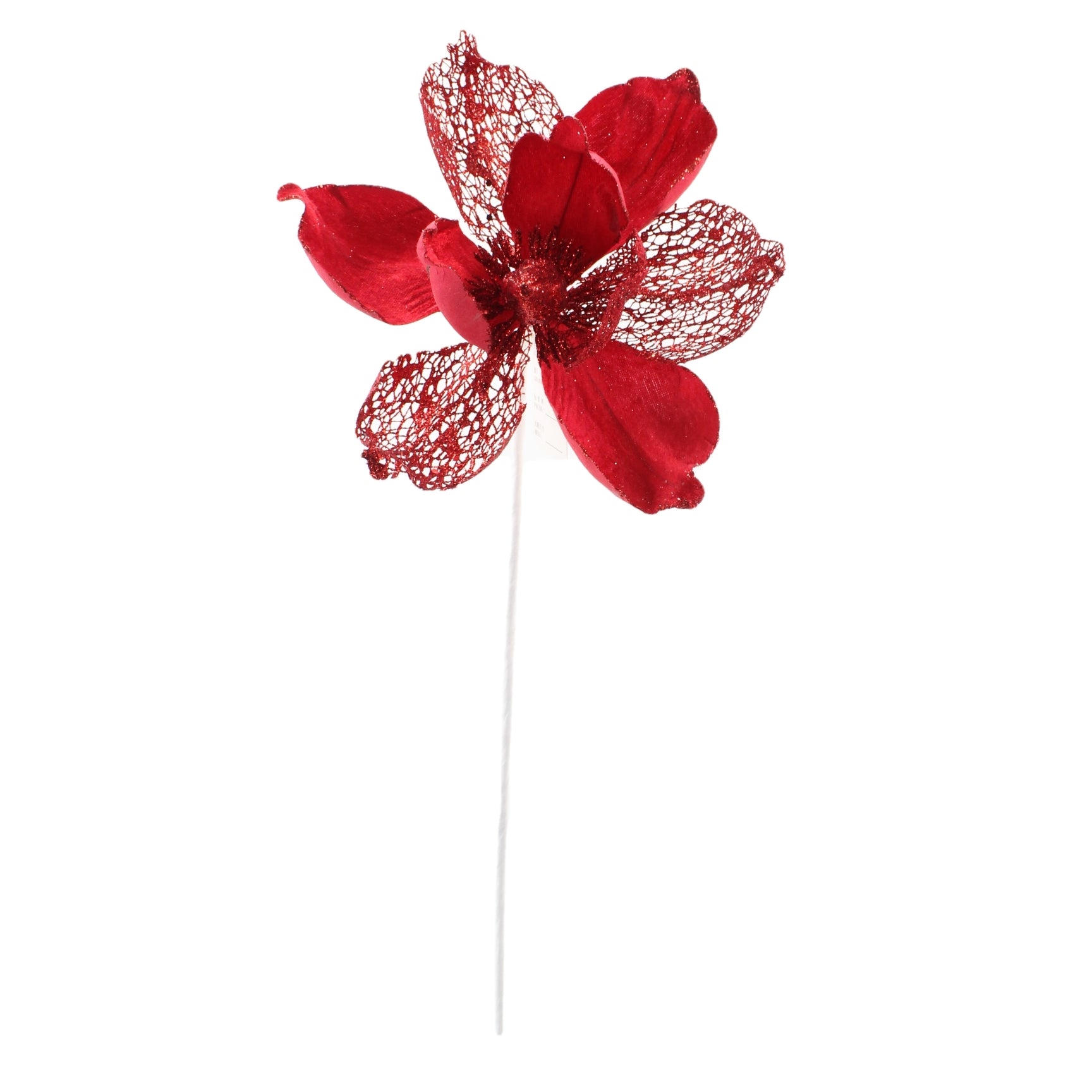 Christmas Sparkle Magnolia Flower Stem Pick Artificial - Red  | TJ Hughes