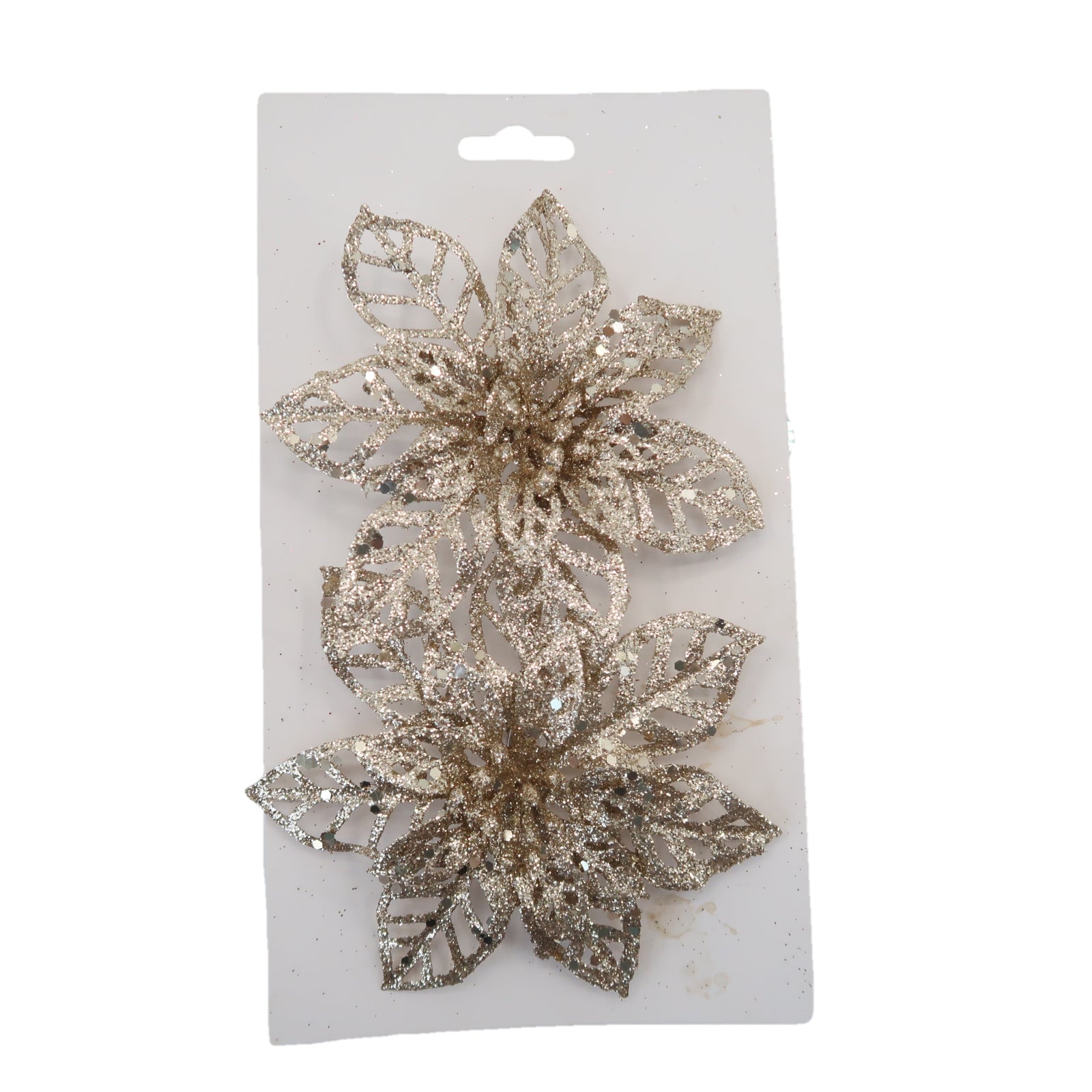 Christmas Sparkle Glitter Poinsettia Decoration 13cm with Clips Pack of 2 - Champagne  | TJ Hughes