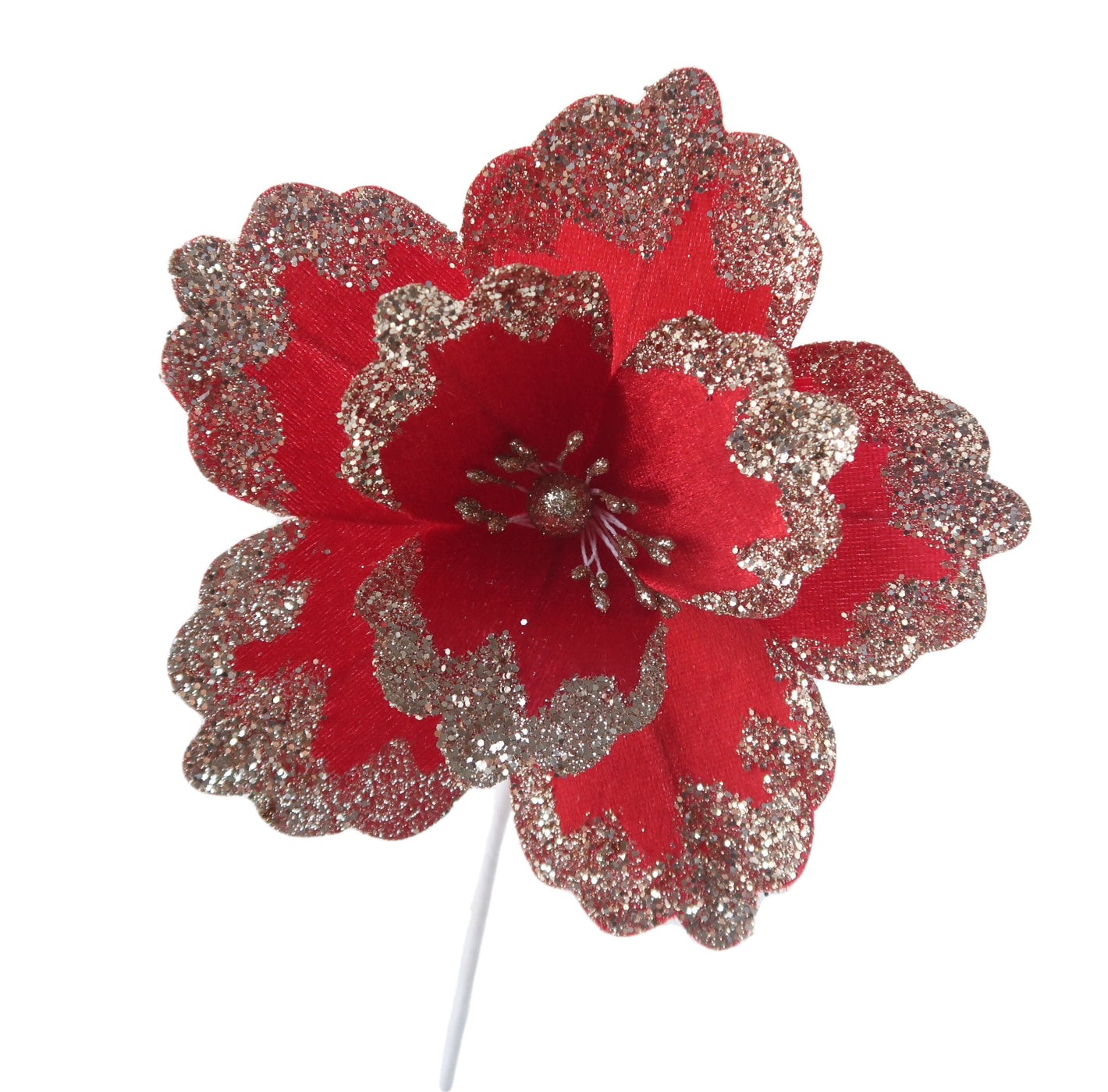 Christmas Sparkle Glitter Flower Stem Decoration 18cm - Red with Champagne Glitter  | TJ Hughes