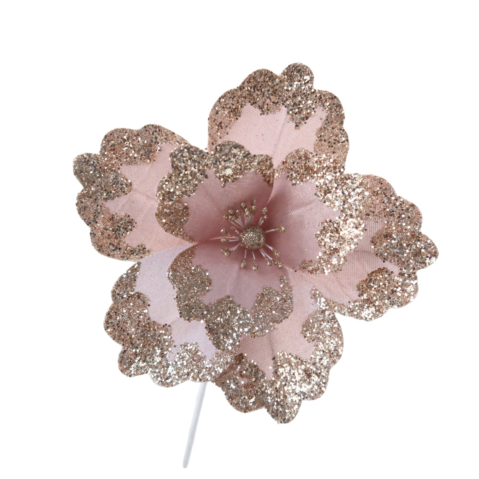 Christmas Sparkle Glitter Flower Stem Decoration 18cm - Pink with Champagne Glitter  | TJ Hughes