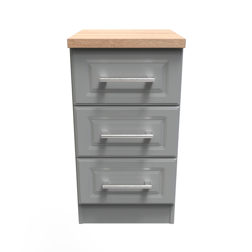 Kingston Ready Assembled Bedside Table with 3 Drawers  - Dust Grey & Bardolino Oak - Lewis’s Home  | TJ Hughes