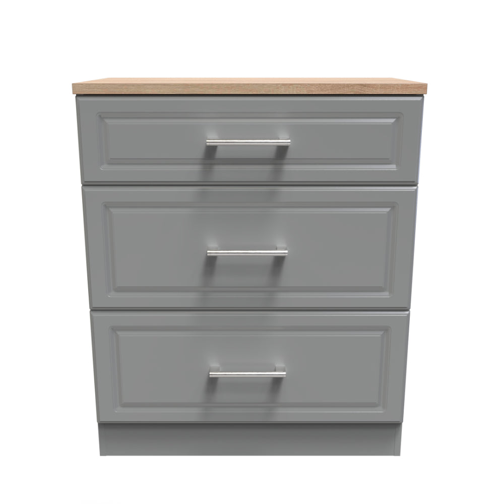 Kingston Ready Assembled Deep Chest of Drawers with 3 Drawers  - Dust Grey & Bardolino Oak - Lewis’s Home  | TJ Hughes