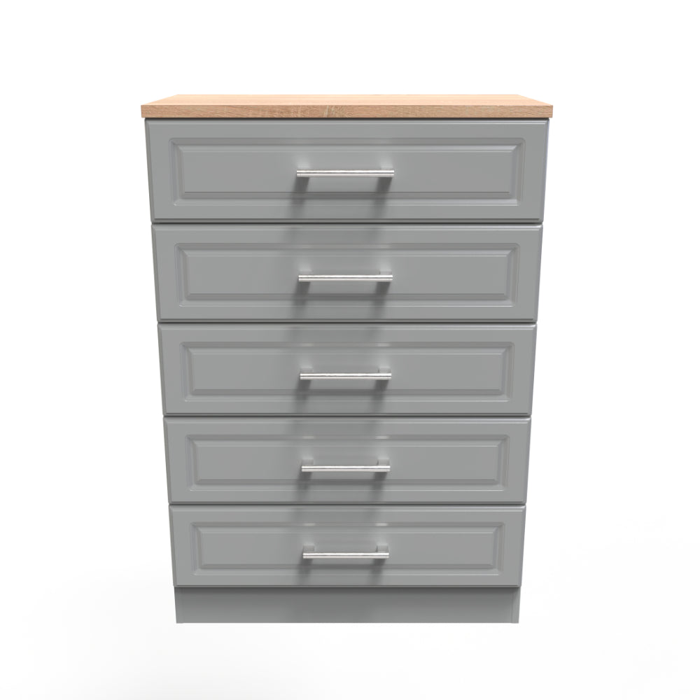Kingston Ready Assembled Chest of Drawers with 5 Drawers  - Dust Grey & Bardolino Oak - Lewis’s Home  | TJ Hughes