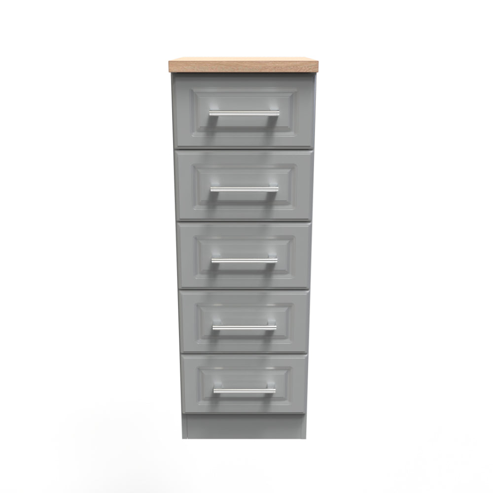 Kingston Ready Assembled Tallboy Chest of Drawers with 5 Drawers  - Dust Grey & Bardolino Oak - Lewis’s Home  | TJ Hughes