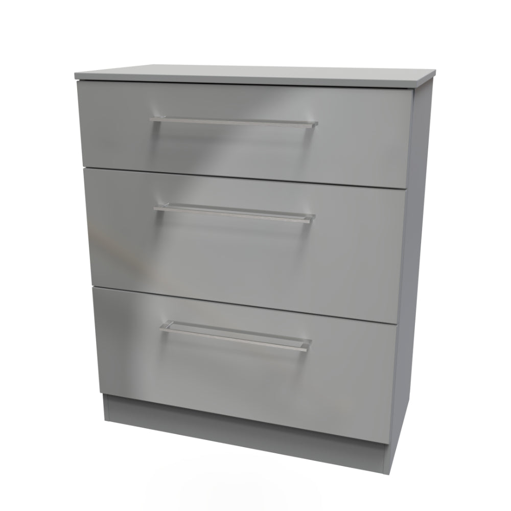 Wellington Ready Assembled Deep Chest of Drawers with 3 Drawers  - Uniform Gloss & Dusk Grey - Lewis’s Home  | TJ Hughes
