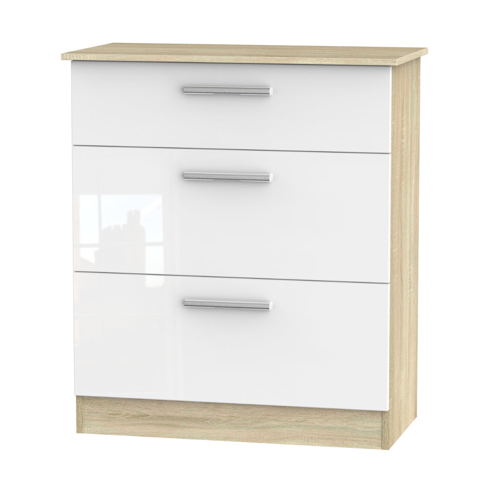 Copenhagen Ready Assembled Deep Chest of Drawers with 3 Drawers  - White Gloss & Bardolino Oak - Lewis’s Home  | TJ Hughes