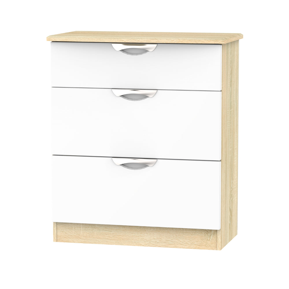 Cairo Ready Assembled Deep Chest of Drawers with 3 Drawers  - White Gloss & Bardolino Oak - Lewis’s Home  | TJ Hughes