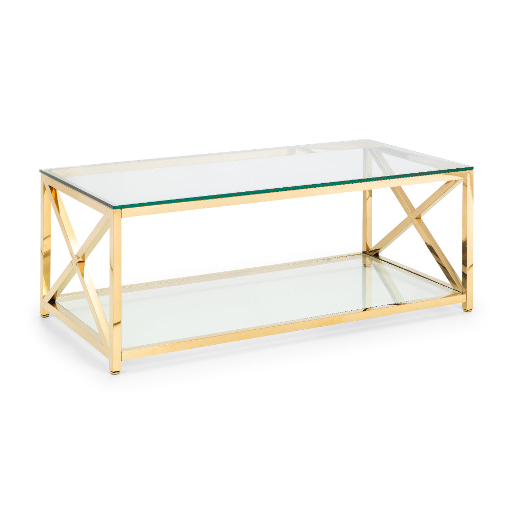Miami Coffee Table 1.2m - Glass & Gold - Julian Bowen  | TJ Hughes