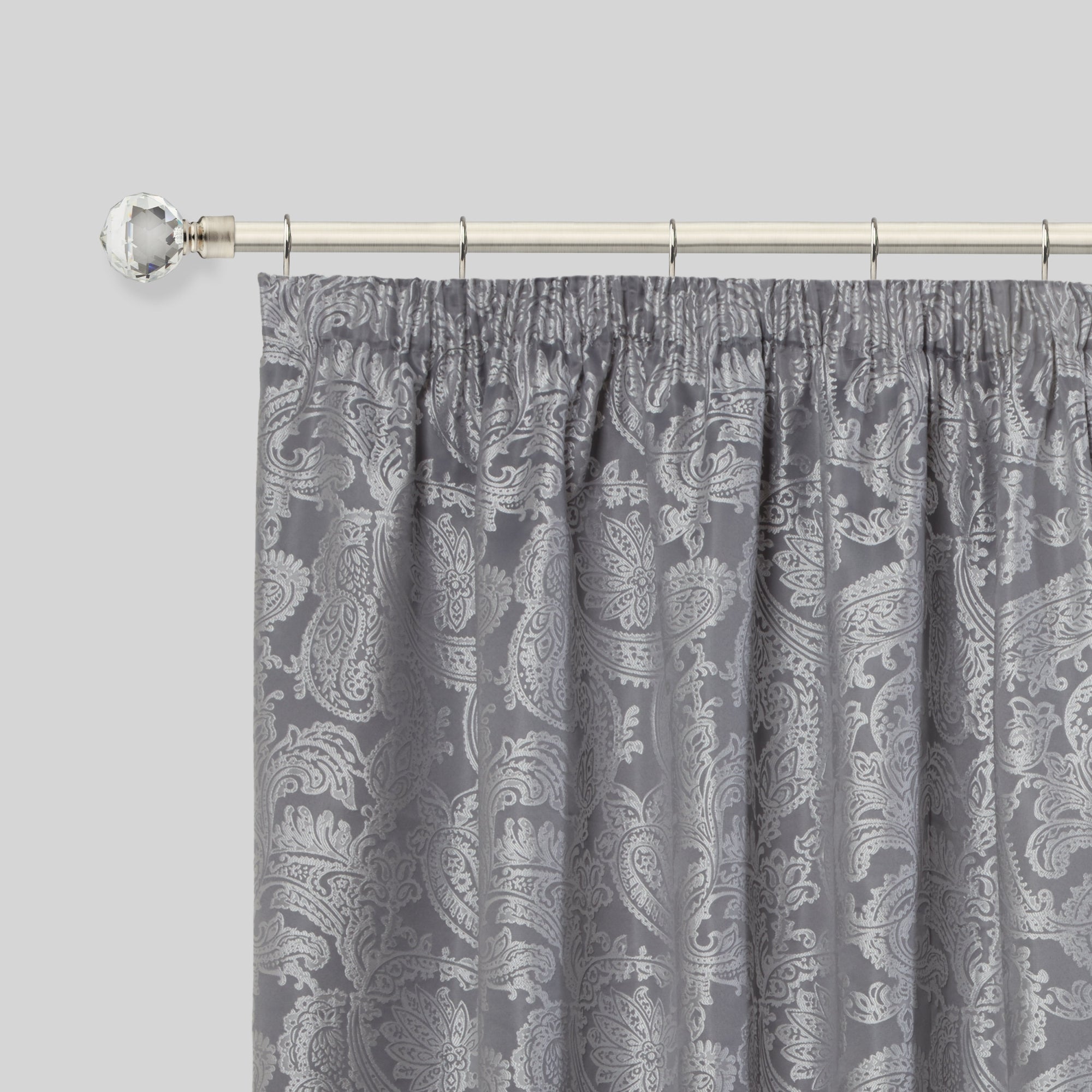 Crystal - Extendable Curtain Pole with Rings and Pair of End Finials in Brushed Silver - 1.6 - 3m