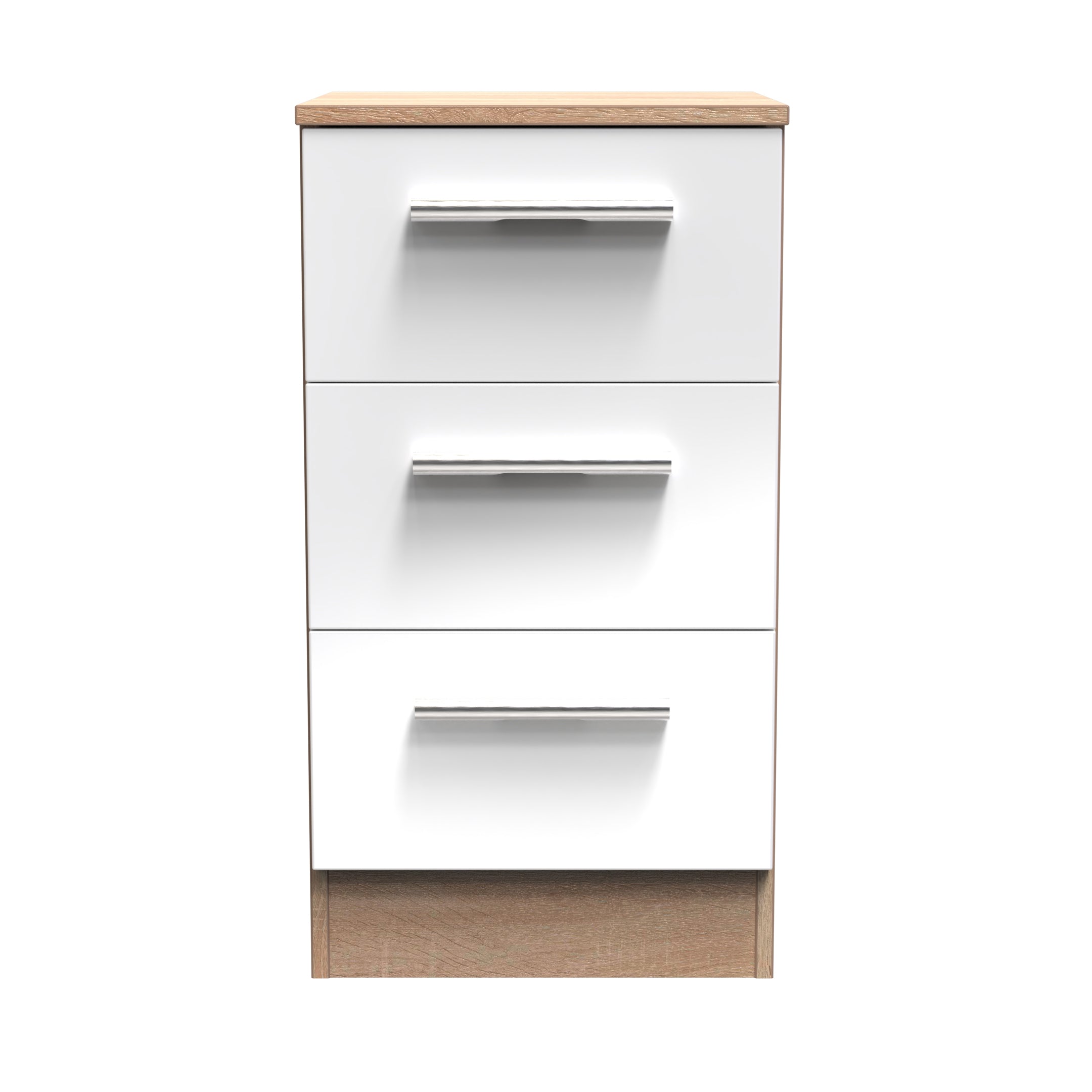 Copenhagen Ready Assembled Bedside Table with 3 Drawers  - White Gloss & Bardolino Oak - Lewis’s Home  | TJ Hughes