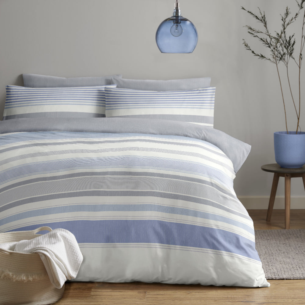 Lewis’s Chambray Stripe Duvet Set -Blue/Grey - King  | TJ Hughes Grey