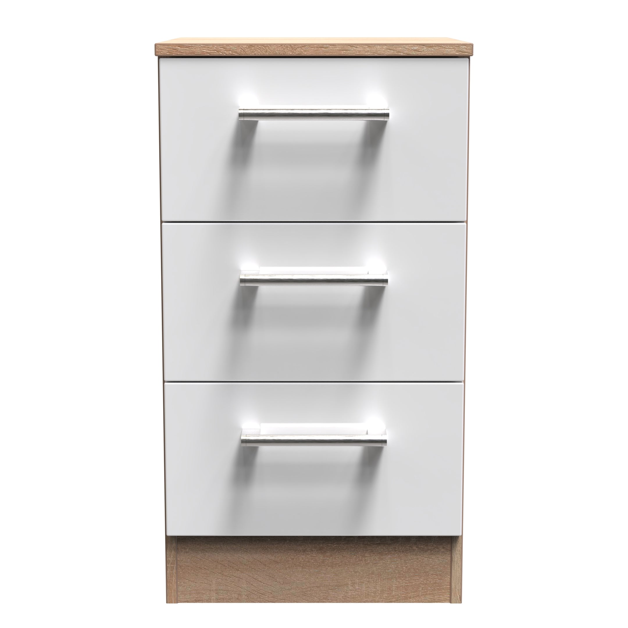 Milan Ready Assembled Bedside Table with 3 Drawers - White Gloss / Oak - Lewis’s Home  | TJ Hughes
