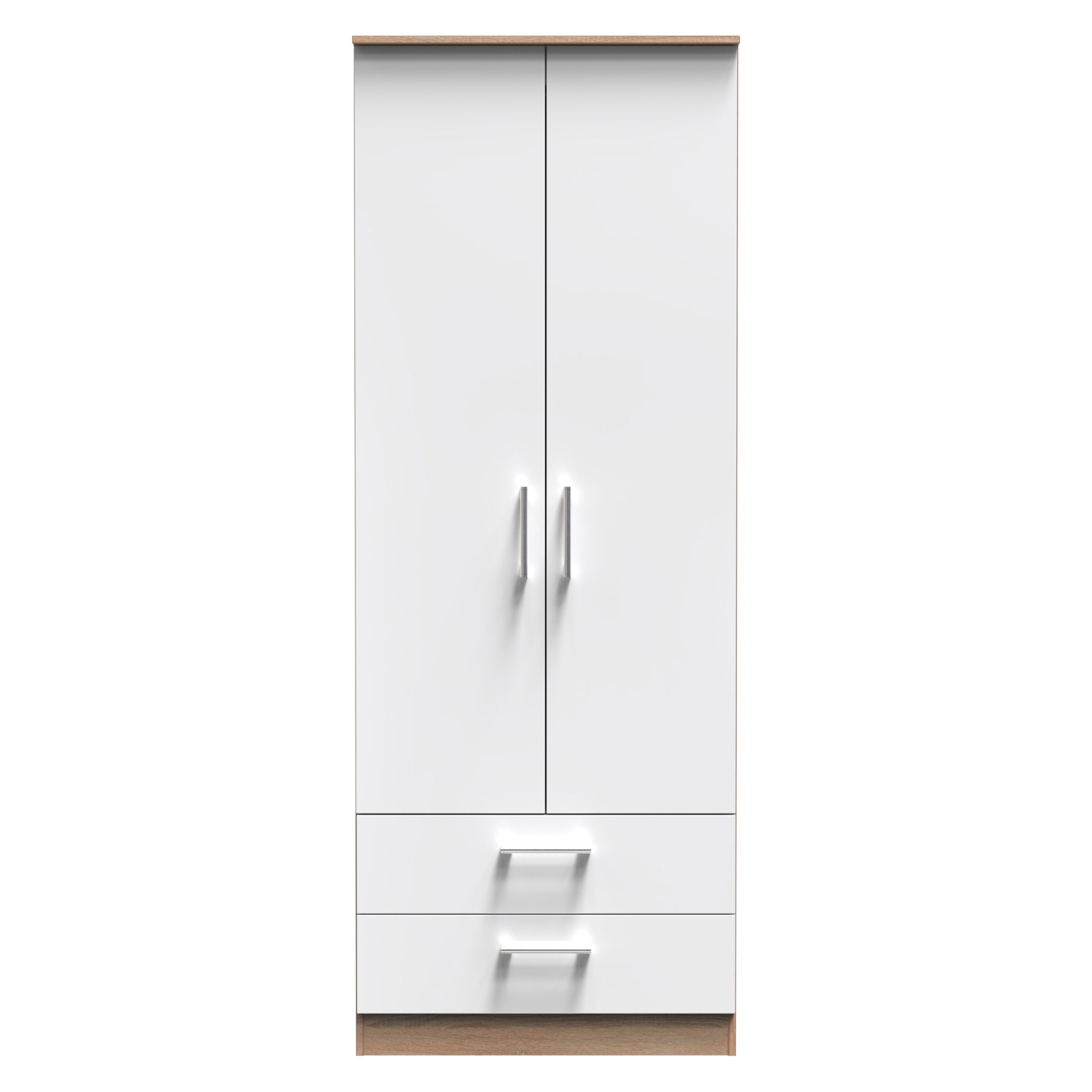 Milan Ready Assembled Wardrobe with 2 Doors and 2 Drawers - White Gloss / Oak - Lewis’s Home  | TJ Hughes