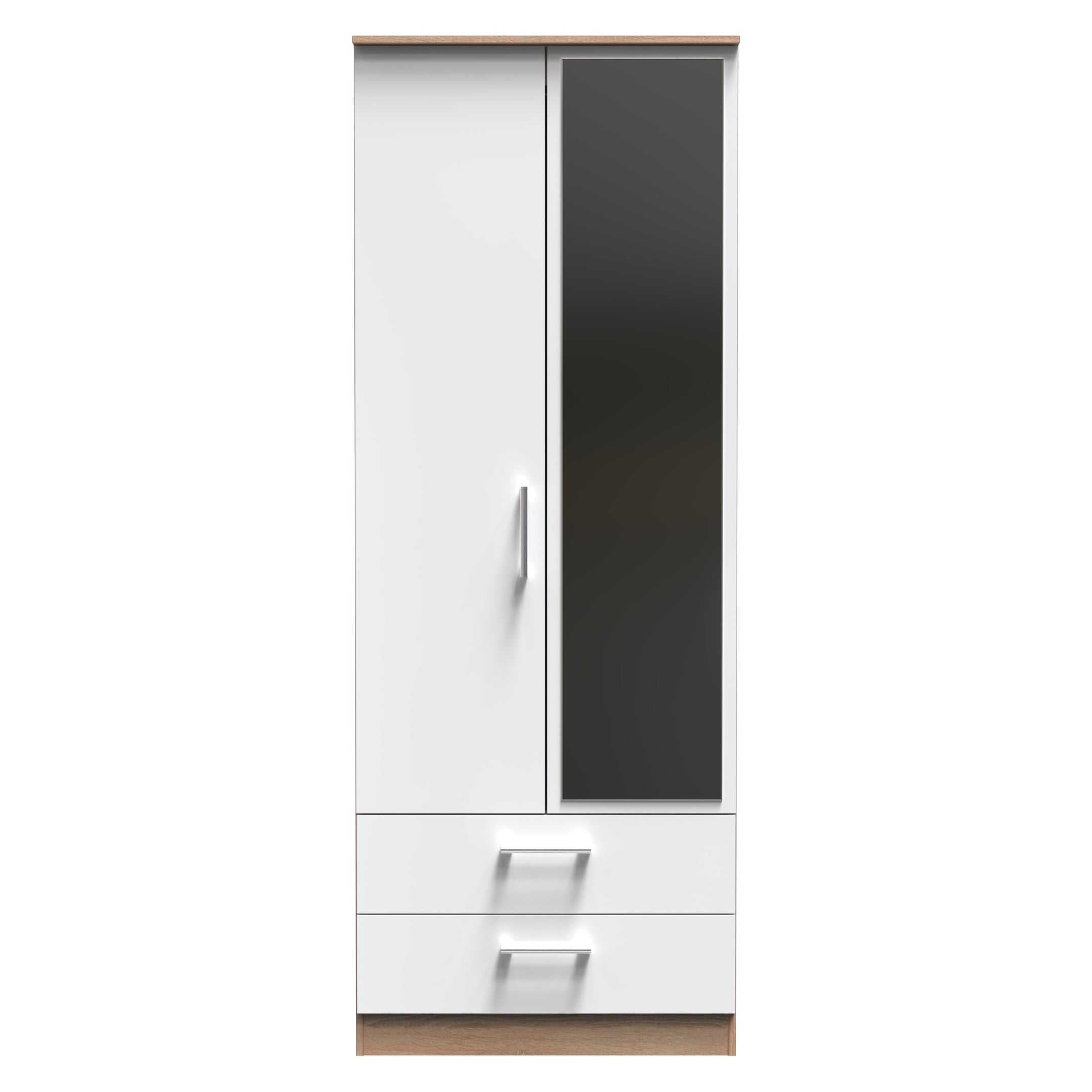 Milan Ready Assembled Wardrobe with 2 Doors and 2 Drawers with Mirror - White Gloss / Oak - Lewis’s Home  | TJ Hughes