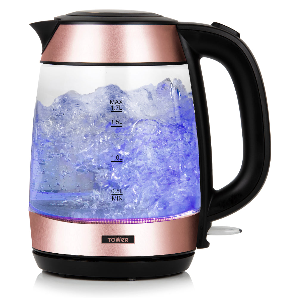 Tower RoseGold Glass Kettle 3KW 1.7L - Rose Gold