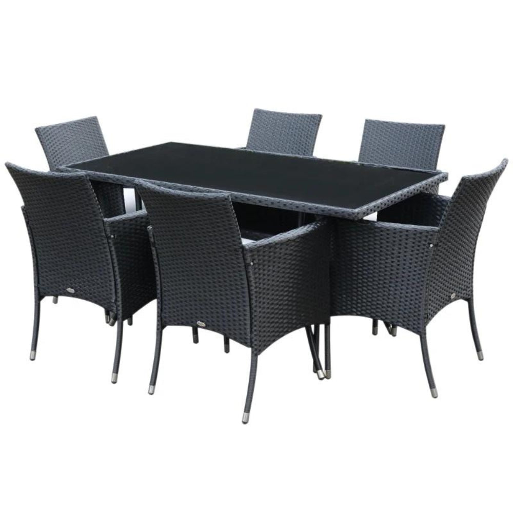 Outsunny Rattan Garden Furniture Dining Set 7 Piece - Black  | TJ Hughes