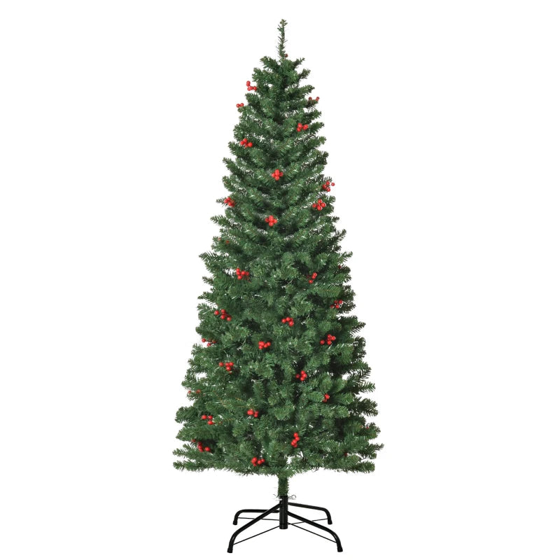 HOMCOM 6FT Prelit Artificial Pencil Christmas Tree with Warm White LED Light - Red Berry - Green - Christmas Time  | TJ Hughes