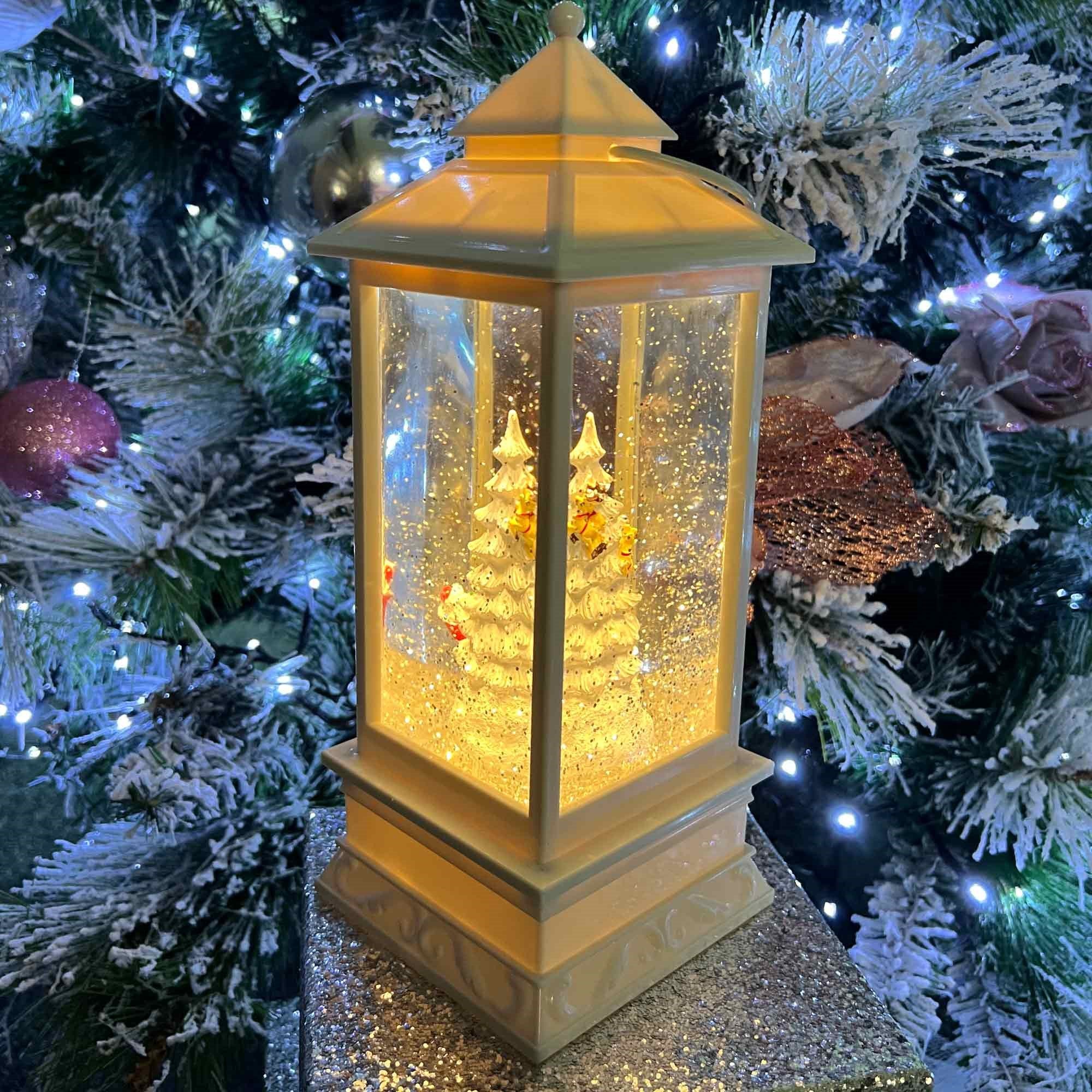 Christmas Sparkle Water Snowstorm Lantern with Christmas Tree and Santas Sleigh 28.5cm in White  | TJ Hughes