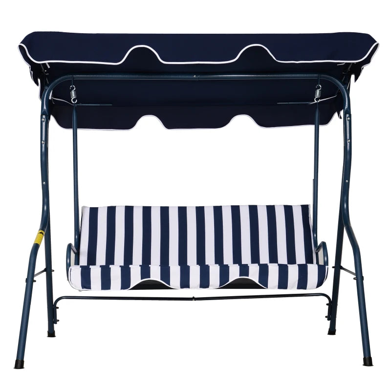 Outsunny 3 Seater Canopy Swing Chair Outdoor Garden Bench with Adjustable Canopy and Metal Frame - Blue Stripes