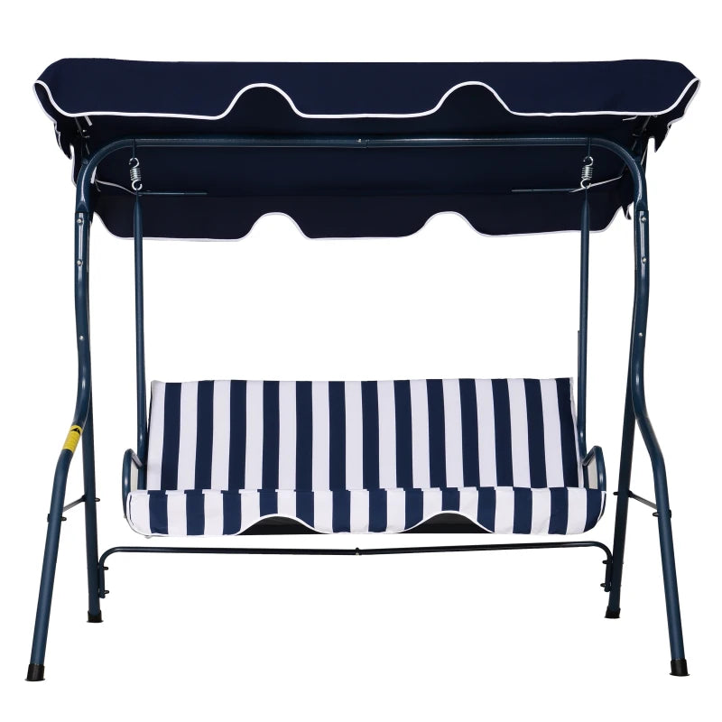 Outsunny 3 Seater Canopy Swing Chair Outdoor Garden Bench with Adjustable Canopy and Metal Frame - Blue Stripes  | TJ Hughes