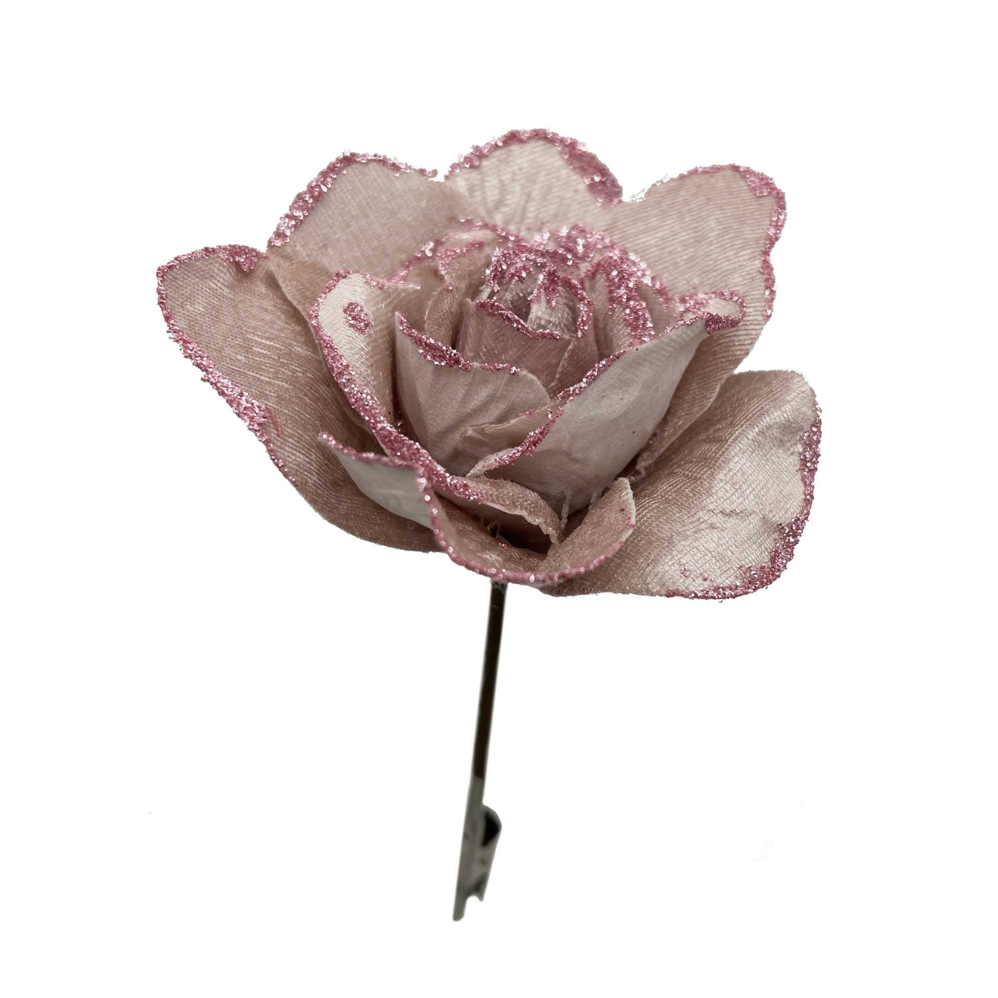 Christmas Sparkle Rose Clip Decoration on Pick Small 12cm - Blush Pink  | TJ Hughes