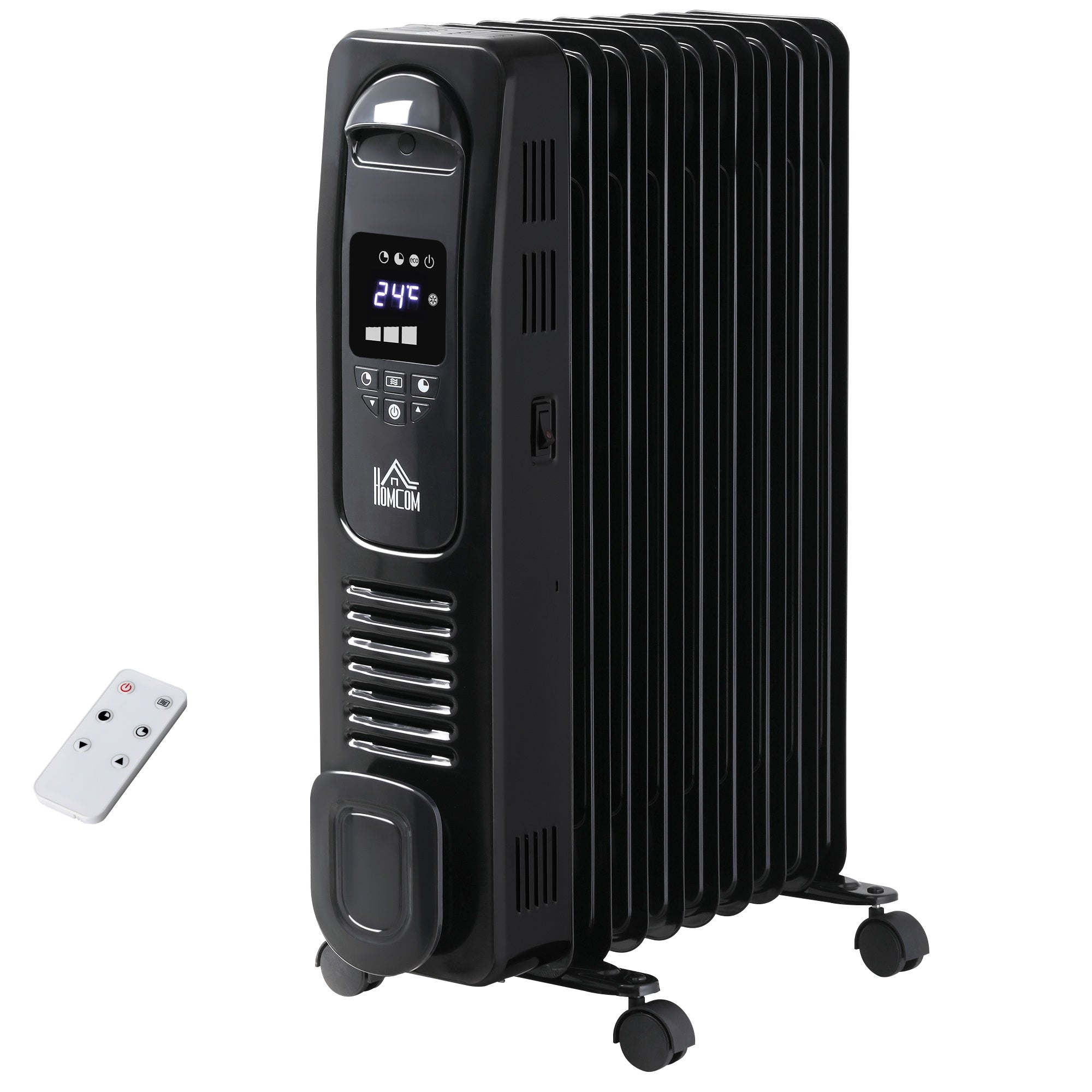 HOMCOM 2180W Oil Filled Radiator - 9 Fin Portable Heater w/ Timer Remote Control Black  | TJ Hughes