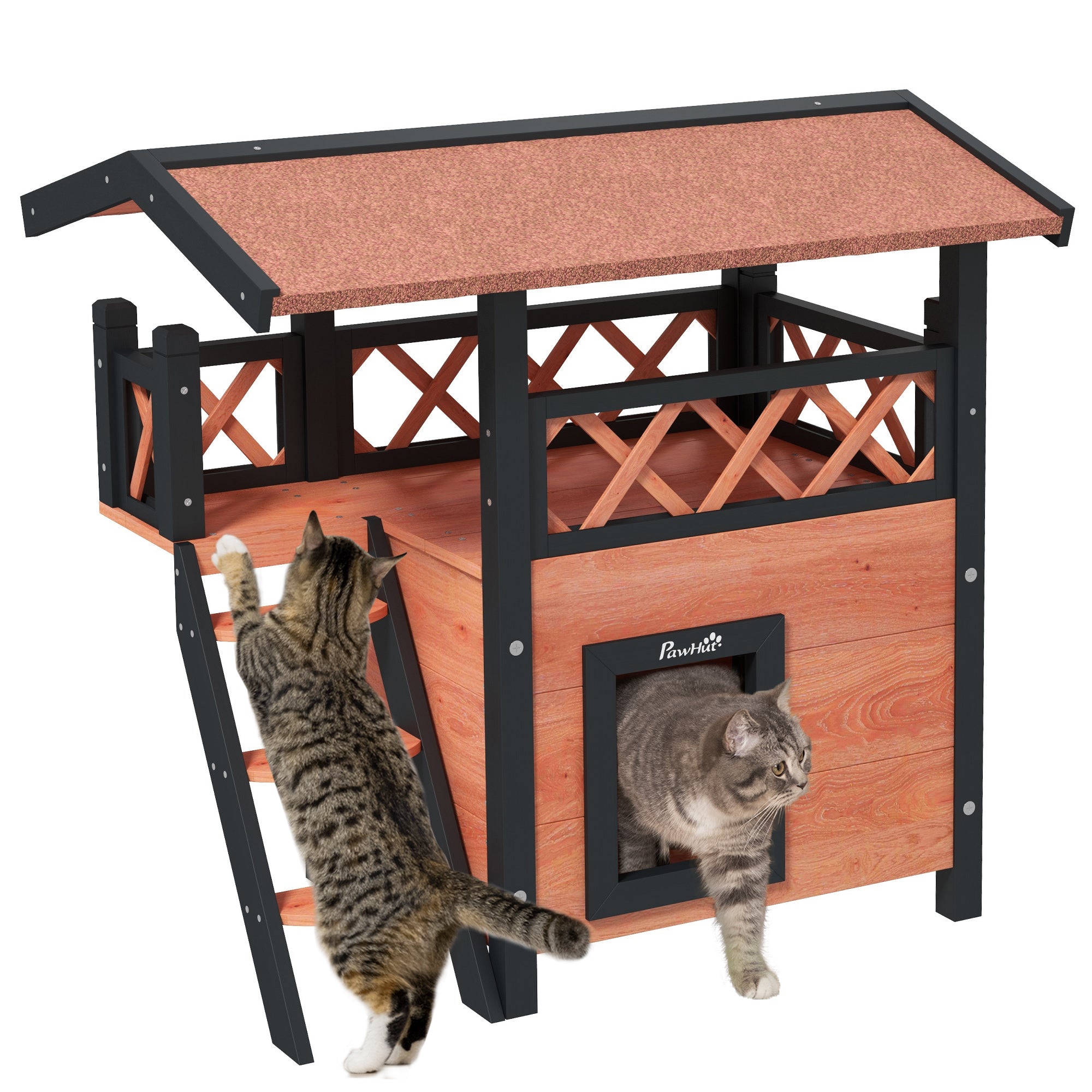 PawHut Outdoor Cat House w/ Balcony Stairs Roof - Brown  | TJ Hughes Yellow