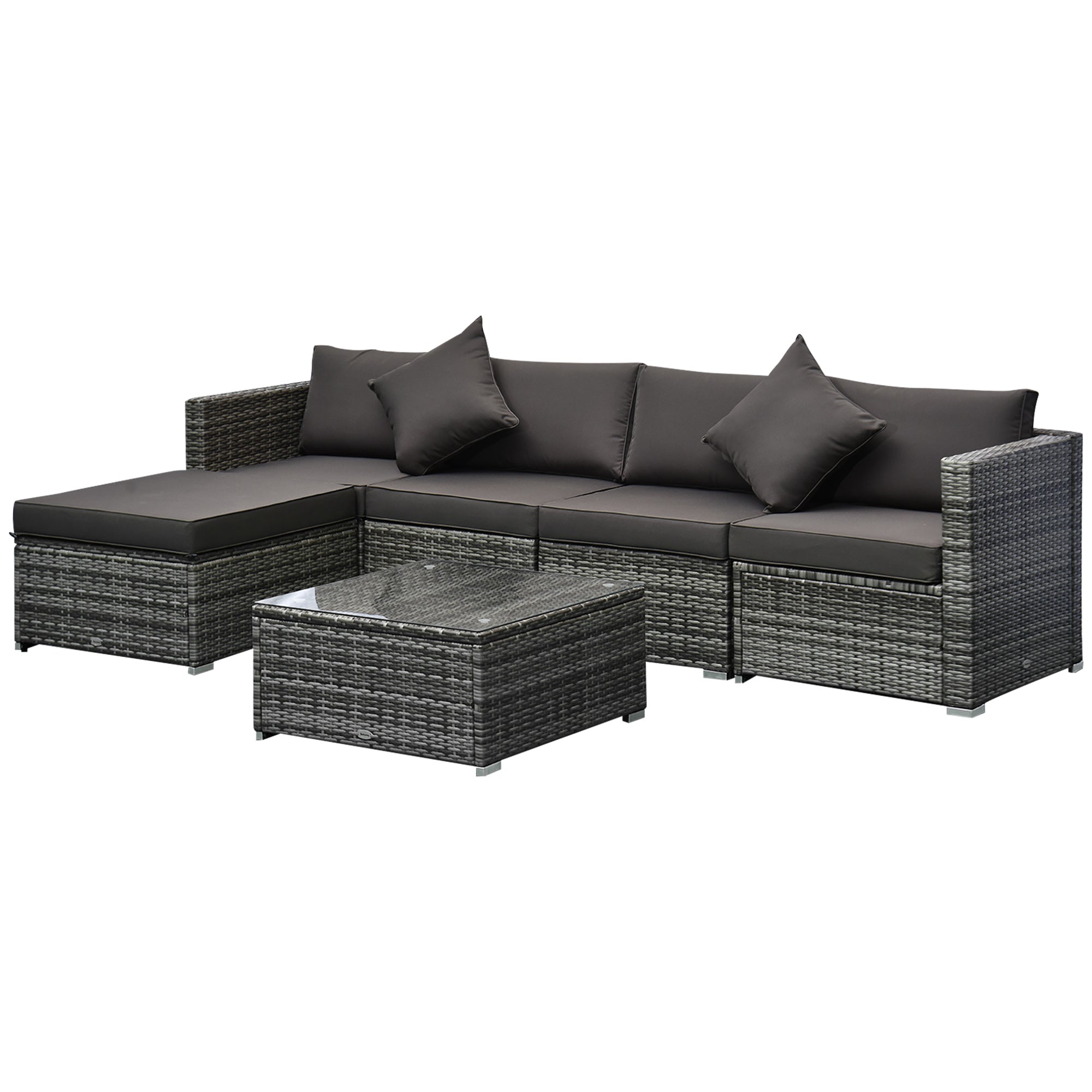 Outsunny 6 Pieces Outdoor Rattan Corner Sofa Set - Patio Aluminum Frame with All-weather Wicker Conversation Furniture w/ Coffee Table & Cushions - Mi