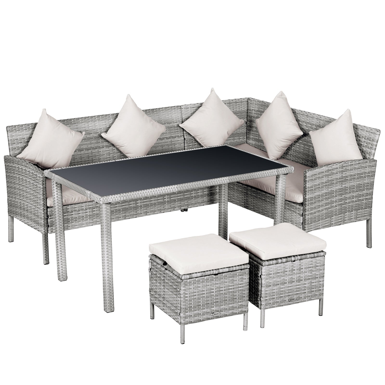 Outsunny Rattan Sofa Set with Coffee Table & Footstools - Grey  | TJ Hughes