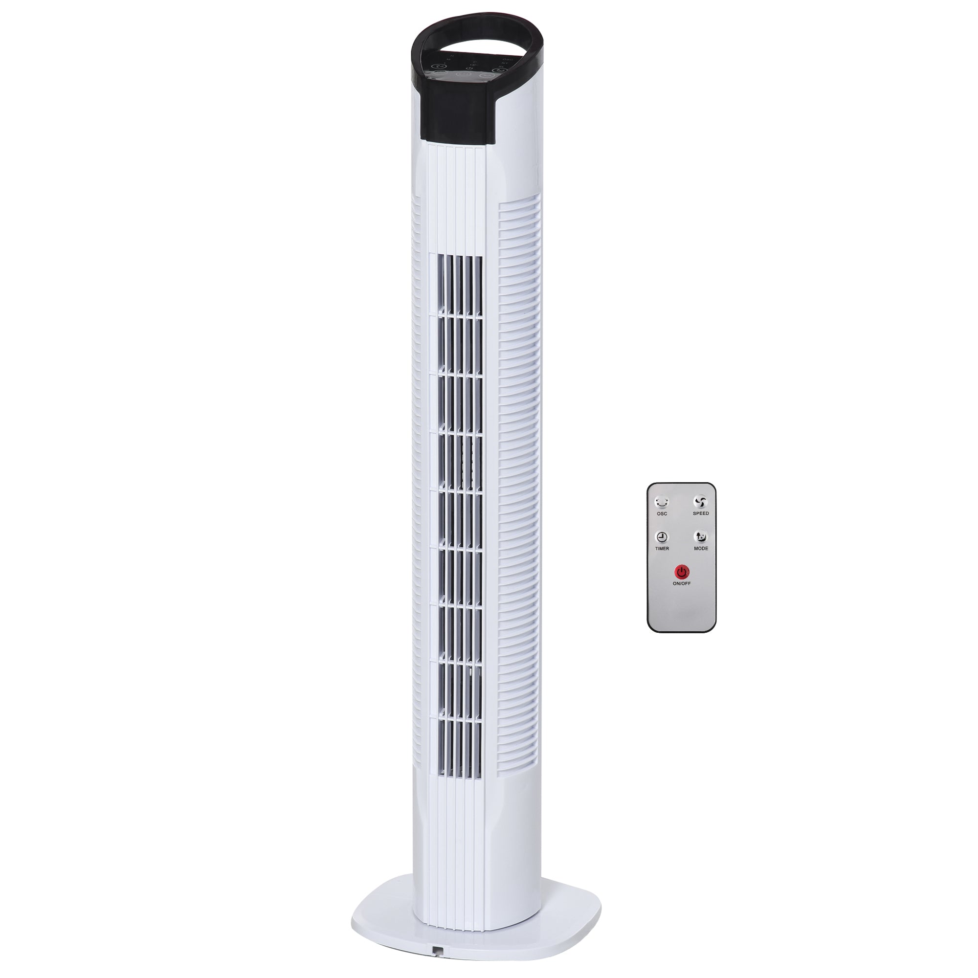 Homcom Freestanding Tower Fan 3 Speed 3 Mode 7.5h Timer 70 Degree Oscillation LED Panel 5M Remote Controller Black and White Fan Mode Timer 70deg Oscill