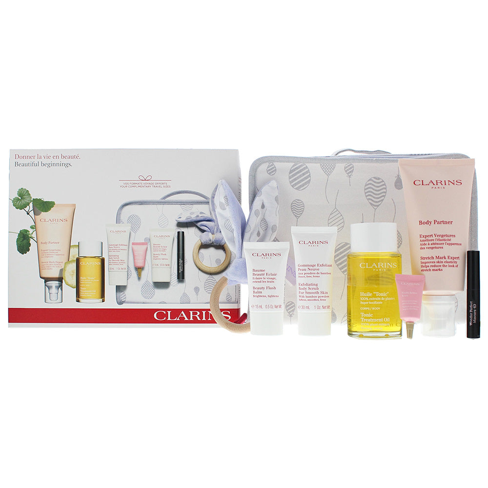 Clarins Beautiful New Beginnings Gift Set: - Body Scrub 30ml - Oil 100ml - Moisturiser 175ml - Eye Cream 3ml - Balm 15ml - Mascara 3.5ml - Case - Toy