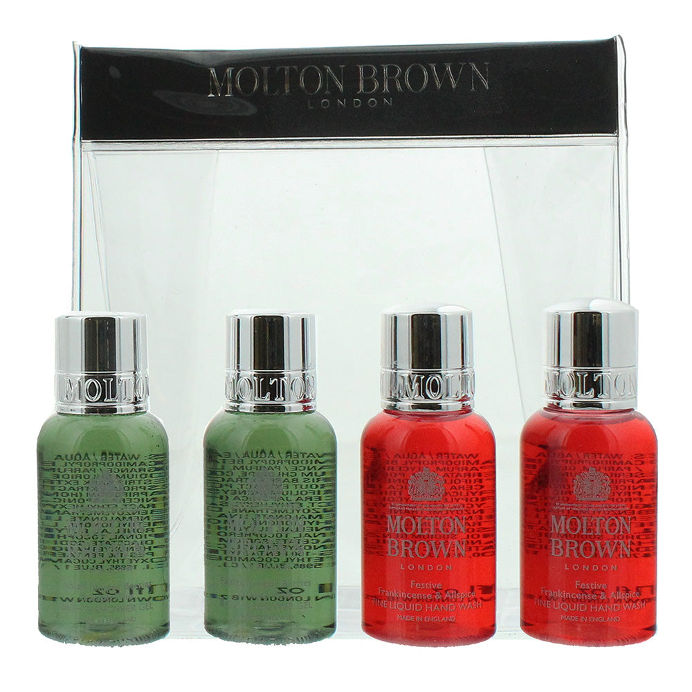 Molton Brown 4 Piece Gift Set: 2 x Festive Frankincense & Allspice Hand Wash 30ml - 2 x Fabled Juniper Berries & Lapp Pine Body Wash 30ml  | TJ Hughes