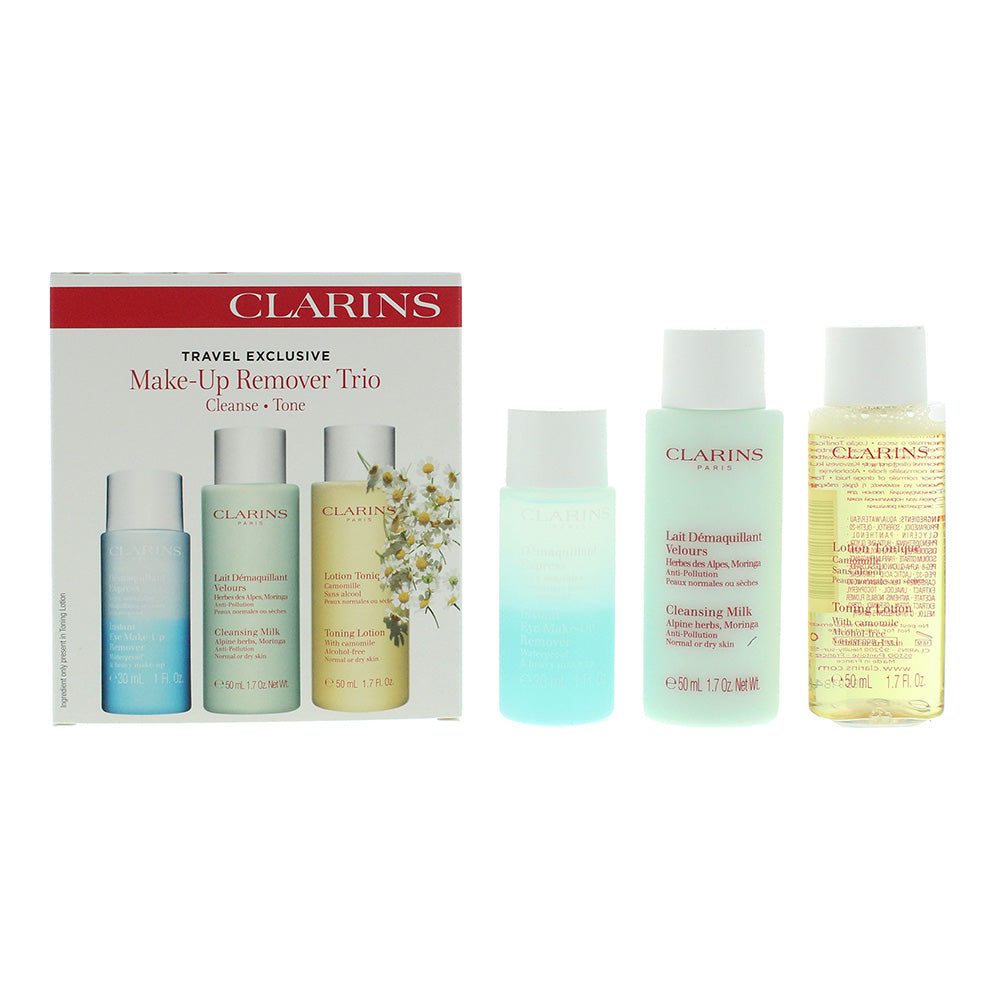 Clarins 3 Piece Gift Set: Eye Make-Up Remover 30ml - Cleansing Milk 50ml - Toning Lotion 50ml for Normal to Dry Skin