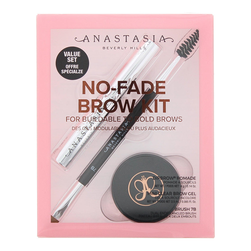 Anastasia Beverly Hills No-Fade Brow Kit Gift Set: Soft Brown Dipbrow Pomade 4g - Brush 7B - Mini Clear Brow Gel 2.5ml