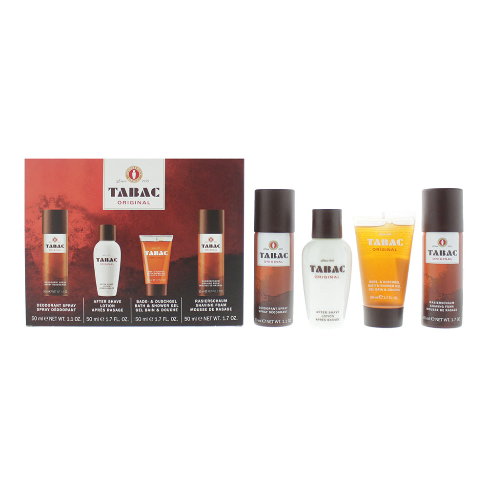Tabac Original 4 Piece Gift Set: Aftershave Lotion 50ml - Shower Gel 50ml - Deodorant Spray 50ml - Shaving Foam 50ml