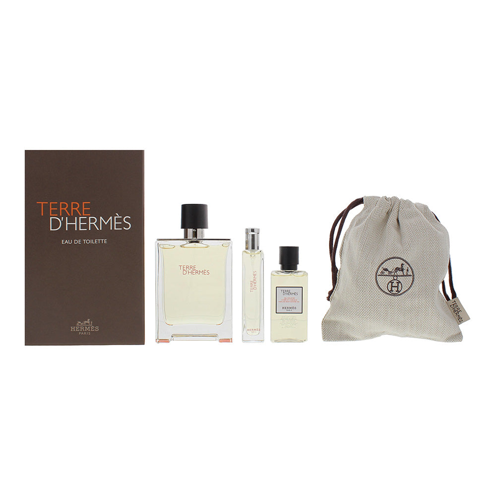 Hermès Terre D'hermès 4 Piece Gift Set: Eau De Toilette 100ml - Eau De Toilette 15ml - Hair & Body Shower Gel 40ml - Pouch