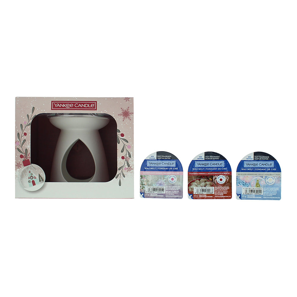 Yankee Candle 5 Piece Gift Set: Wax Melt Warmer - Snowflake Kisses Wax Melt 28g - Peppermint Pinwheels Wax Melt 28g - Snow Globe Wonderland Wax Melt 2