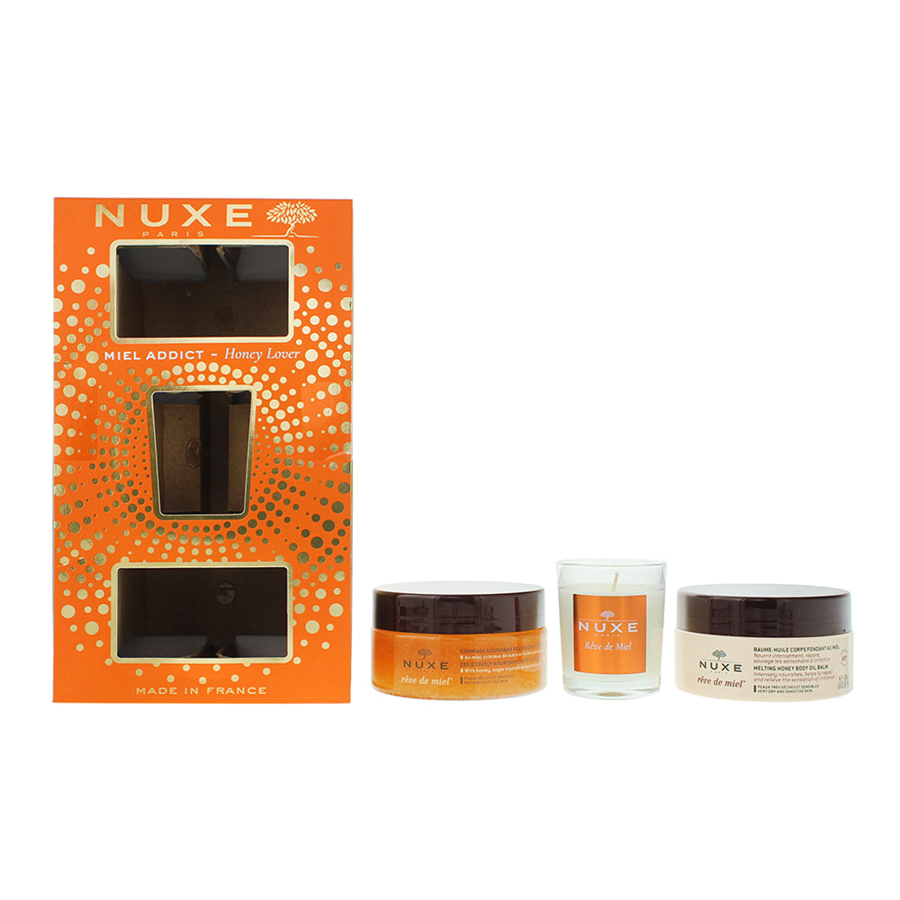 Nuxe Honey Lover 3 Piece Gift Set: Body Oil Balm 200ml - Nourishing Body Scrub 175ml - Candle 70g  | TJ Hughes