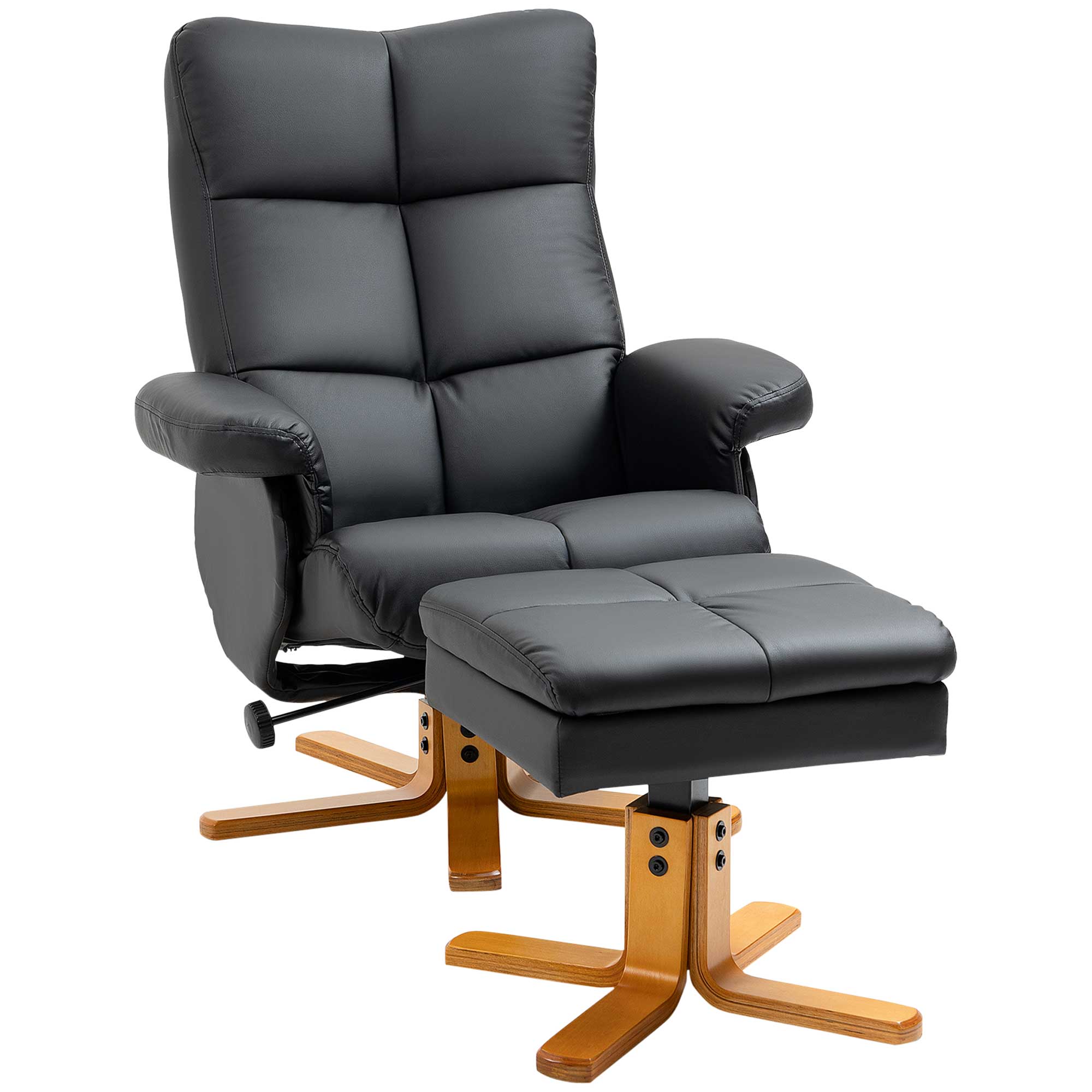 HOMCOM Recliner Chair and Footstool PU Leather Wooden Base Black  | TJ Hughes