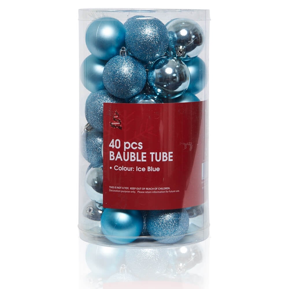 Christmas Sparkle Tube of 40 Shatterproof Baubles 6cm - Ice Blue  | TJ Hughes