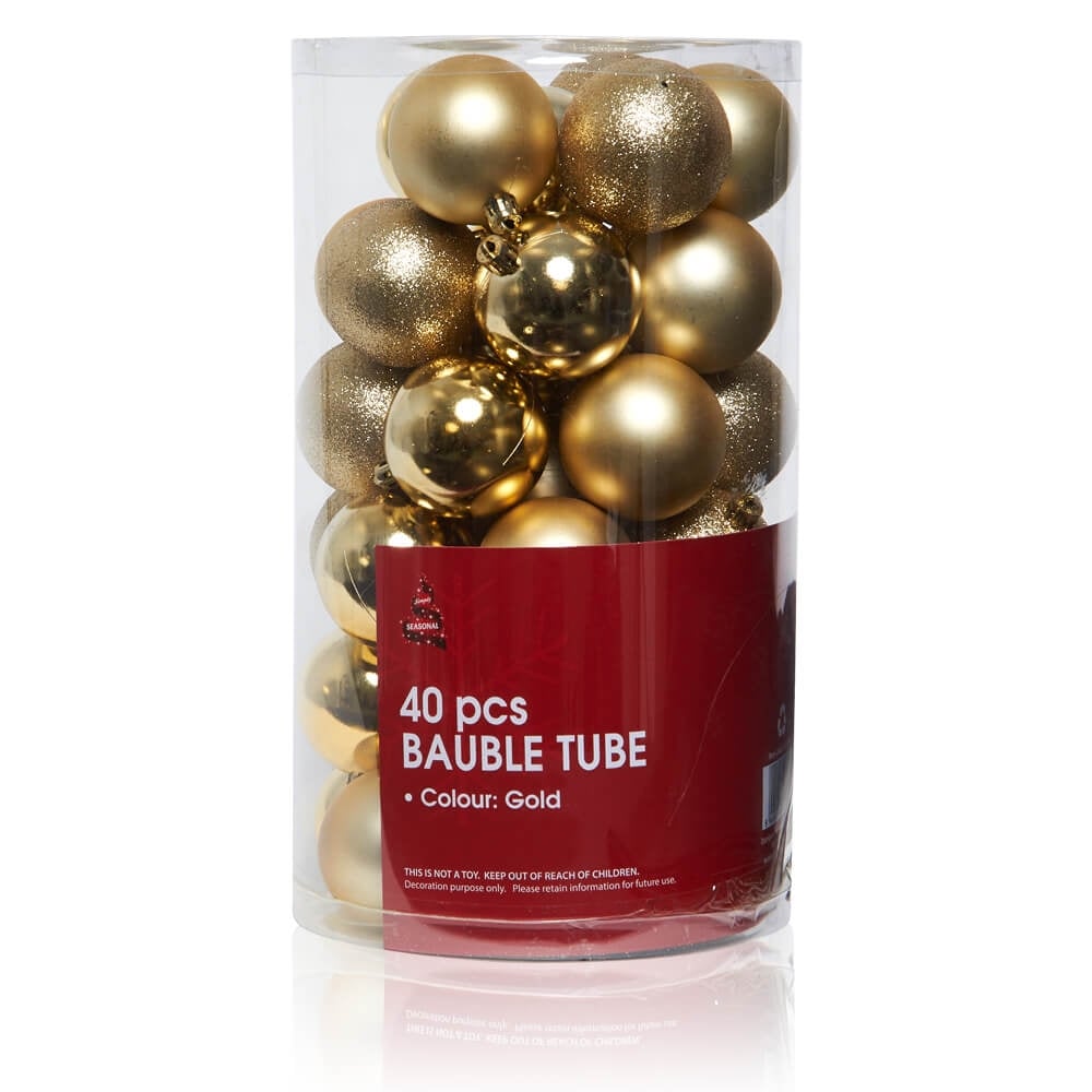 Christmas Sparkle Tube of 40 Shatterproof Baubles 6cm - Gold - TJ Hughes